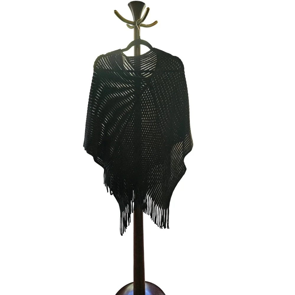 Black Fringe Poncho Blue Ice Knit Cover Up Small Medium‎ S-M - Picture 2 of 4